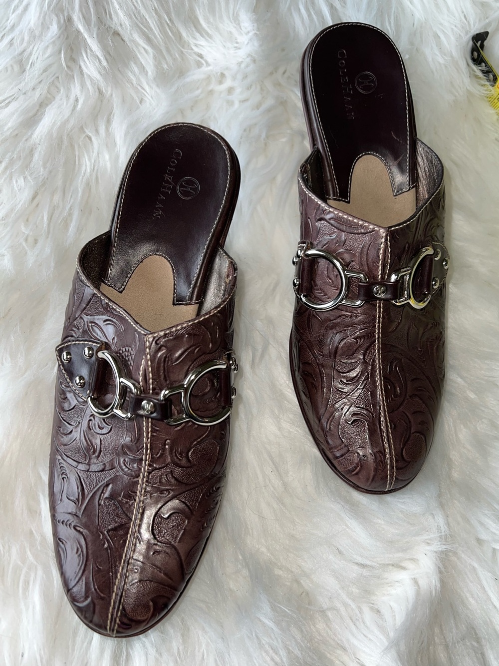 Cole Haan Dark Brown Embossed Leather Slip-On Mules with Silver Hardware